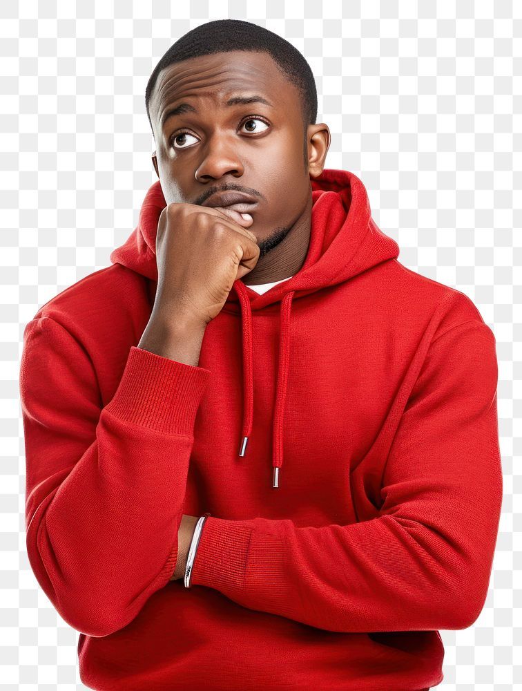 photo of *african american man thinking* wear red hood sweater, isolated, isolated on white background --ar 1:1